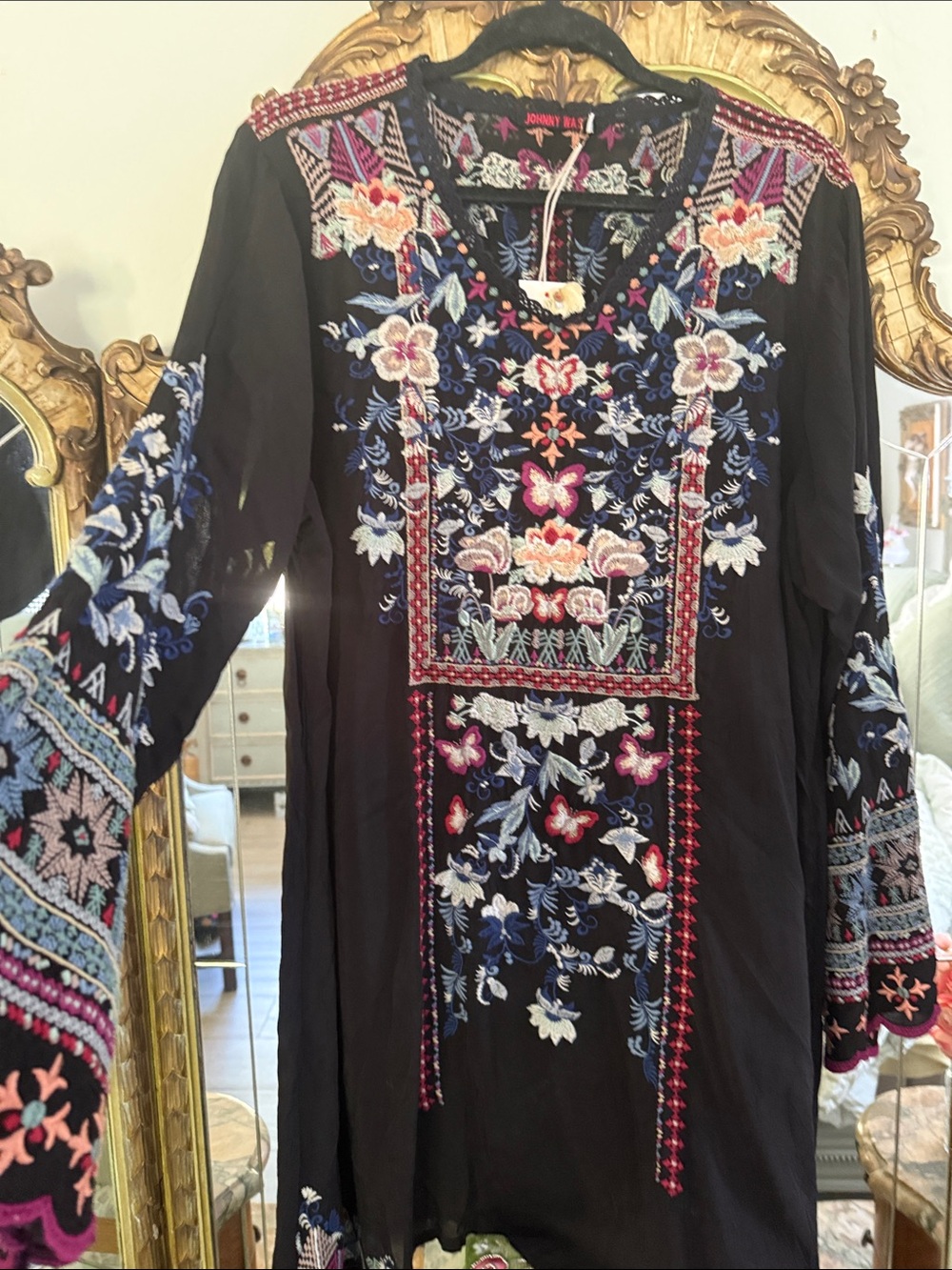Johnny Was Black Floral Embroidered Boho Tunic